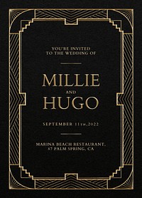 Wedding invitation card psd template with geometric art deco style on dark background