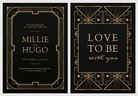 Wedding invitation card psd set template with geometric art deco style on dark background