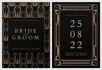 Wedding invitation card psd set template with geometric art deco style on dark background