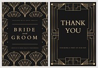 Wedding invitation card vector template with geometric art deco style on dark background