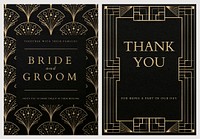 Wedding invitation card psd set template with geometric art deco style on dark background
