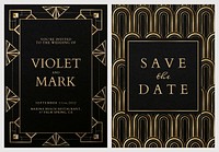 Wedding invitation card psd set template with geometric art deco style on dark background