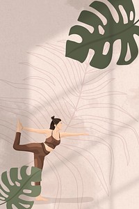 Monstera leaf border psd background with yoga, health and wellness illustration