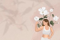 Flexing muscles border vector background with floral yoga woman illustration