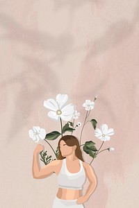 Flexing muscles border vector background with floral yoga woman illustration