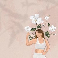 Flexing muscles border psd background with floral yoga woman illustration