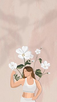 Flexing muscles border vector wallpaper with floral yoga woman illustration