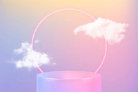 3D product display podium vector with pink neon ring and clouds on pastel background