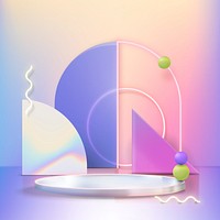 3D product display psd with holographic podium and pink neon rings