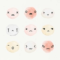 Watercolor emoticon design element vector with diverse feelings in doodle style set
