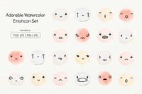 Editable watercolor emoticons vector in adorable doodle style set