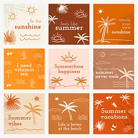 Editable summer templates vector with cute doodle set for social media post