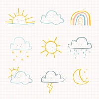Clouds weather diary sticker psd cute doodle set for kids