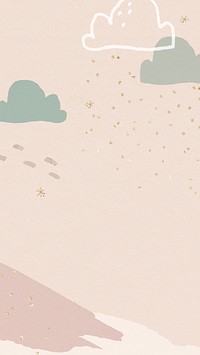 Winter season background psd in pastel pink with doodle mountain illustration