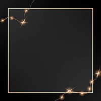 Elegant golden frame vector with glowing wired lights on black graphic