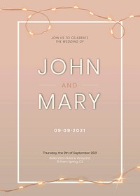 Wedding invitation card vector editable template with beautiful wired lights