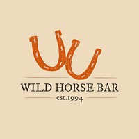 Wild horse bar logo vector illustration with editable text and doodle horseshoe