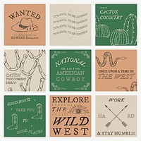 Cowboy themed social media template vector with editable text collection