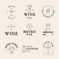 Cocktail lounge logo template psd with minimal cocktail glass illustration set