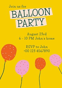 Party invitation card template psd with cute doodle balloons