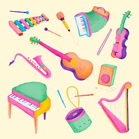 Colorful musical instruments sticker vector flat graphic set