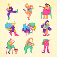 Colorful classical musicians sticker psd flat graphic set