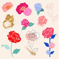 Colorful roses floral sticker vector set
