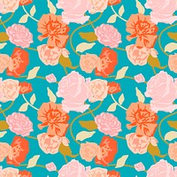 Green spring floral pattern vector with pink roses background