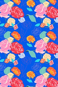 Pink aesthetic floral pattern with roses blue background