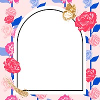 Feminine floral arched frame psd with pink roses on white background