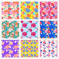 Colorful spring floral pattern psd with roses background set