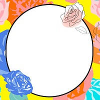 Spring floral circle frame vector with colorful roses on white background