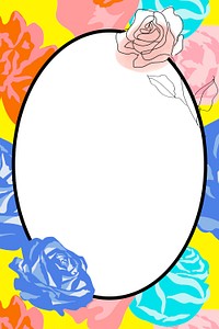 Spring floral oval frame with colorful roses on white background
