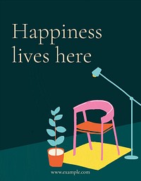 Happiness lives here template vector for hand drawn interior flyer
