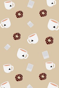 Tea cup patterned background vector with chocolate donut cute hand drawn style