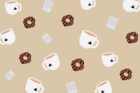 Tea cup patterned background vector with chocolate donut cute hand drawn style