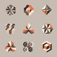 3D geometric shapes vector in orange abstract style set