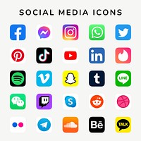 Social media icons vector set with Facebook, Instagram, Twitter, TikTok, YouTube logos