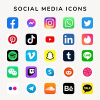 Social media icons psd set with Facebook, Instagram, Twitter, TikTok, YouTube logos