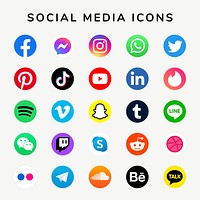 Social media icons vector set with Facebook, Instagram, Twitter, TikTok, YouTube logos