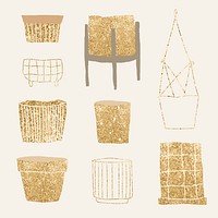 Luxury houseplant pot vector set in glittery gold