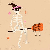 Halloween skeleton vector wearing witch hat, cute hand drawn illustration
