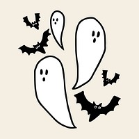 Halloween PSD sticker, hand drawn white ghosts and bats doodle