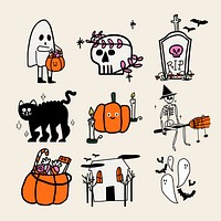 Halloween vector sticker set in cute doodle style