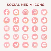 Social media icons vector set watercolor with Facebook, Instagram, Twitter, TikTok, YouTube etc