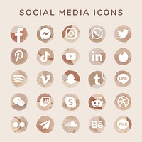 Social media icons vector set watercolor with Facebook, Instagram, Twitter, TikTok, YouTube etc