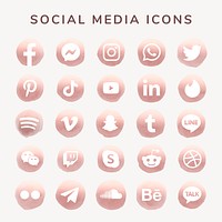 Social media icons psd set watercolor with Facebook, Instagram, Twitter, TikTok, YouTube etc