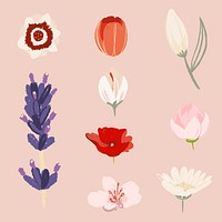 Beautiful flower stickers psd colorful illustration collection