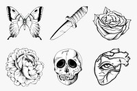 Vintage outline black and white old school flash tattoo psd icon set