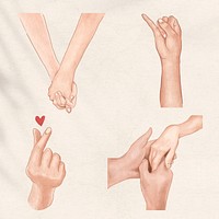 Couple hand gestures Valentine&rsquo;s psd aesthetic design elements set